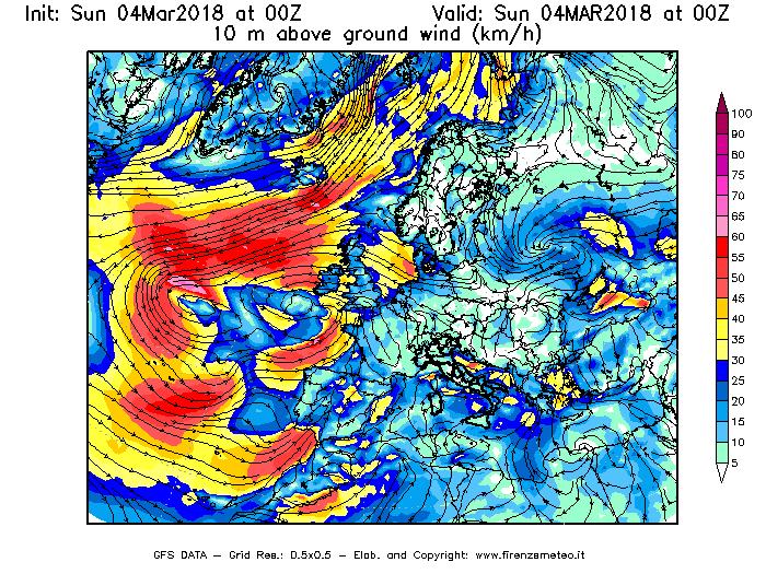 Mappa di analisi GFS - Velocità del vento a 10 metri dal suolo [km/h] in Europa
									del 04/03/2018 00 <!--googleoff: index-->UTC<!--googleon: index-->