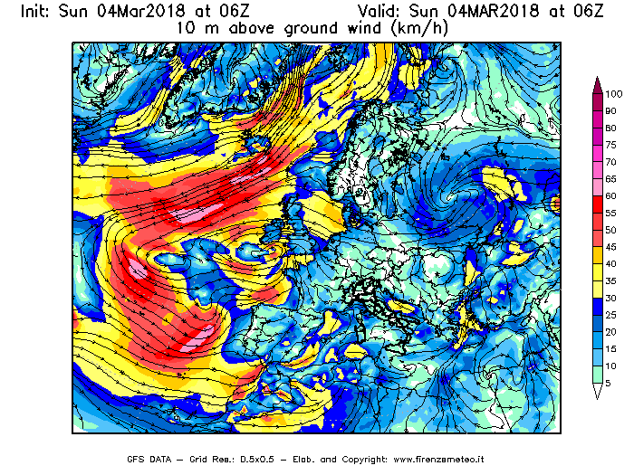 Mappa di analisi GFS - Velocità del vento a 10 metri dal suolo [km/h] in Europa
									del 04/03/2018 06 <!--googleoff: index-->UTC<!--googleon: index-->