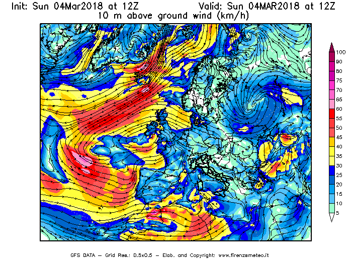 Mappa di analisi GFS - Velocità del vento a 10 metri dal suolo [km/h] in Europa
									del 04/03/2018 12 <!--googleoff: index-->UTC<!--googleon: index-->