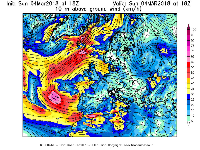 Mappa di analisi GFS - Velocità del vento a 10 metri dal suolo [km/h] in Europa
									del 04/03/2018 18 <!--googleoff: index-->UTC<!--googleon: index-->
