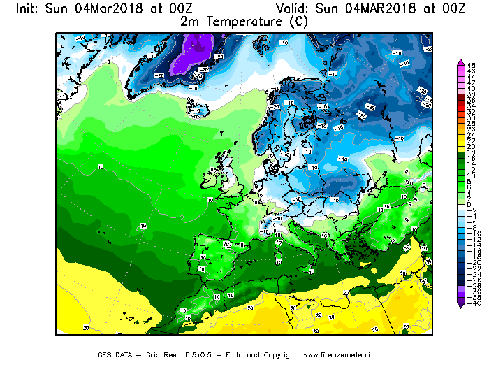 Mappa di analisi GFS - Temperatura a 2 metri dal suolo [°C] in Europa
									del 04/03/2018 00 <!--googleoff: index-->UTC<!--googleon: index-->