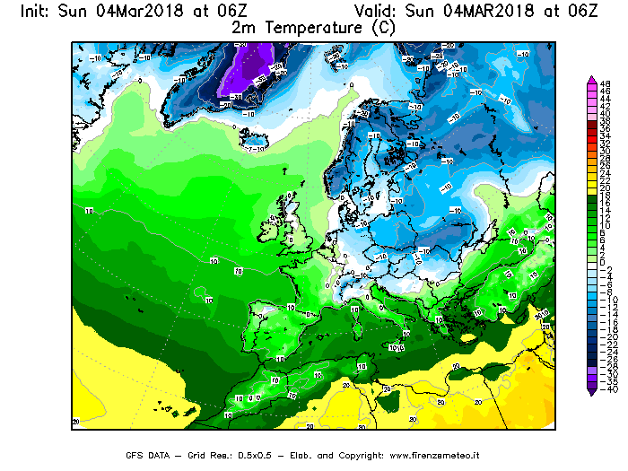 Mappa di analisi GFS - Temperatura a 2 metri dal suolo [°C] in Europa
									del 04/03/2018 06 <!--googleoff: index-->UTC<!--googleon: index-->