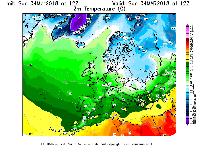 Mappa di analisi GFS - Temperatura a 2 metri dal suolo [°C] in Europa
									del 04/03/2018 12 <!--googleoff: index-->UTC<!--googleon: index-->