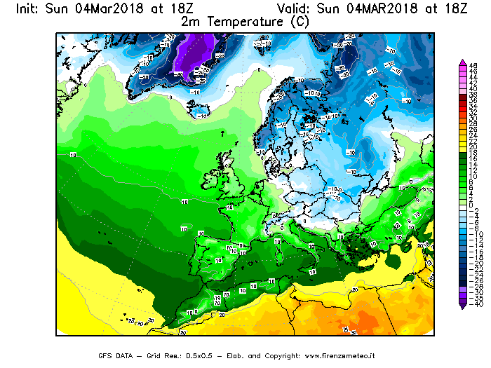 Mappa di analisi GFS - Temperatura a 2 metri dal suolo [°C] in Europa
									del 04/03/2018 18 <!--googleoff: index-->UTC<!--googleon: index-->