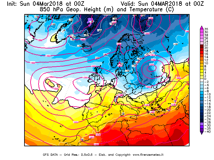 Mappa di analisi GFS - Geopotenziale [m] e Temperatura [°C] a 850 hPa in Europa
									del 04/03/2018 00 <!--googleoff: index-->UTC<!--googleon: index-->