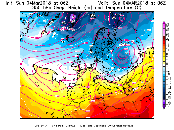 Mappa di analisi GFS - Geopotenziale [m] e Temperatura [°C] a 850 hPa in Europa
									del 04/03/2018 06 <!--googleoff: index-->UTC<!--googleon: index-->