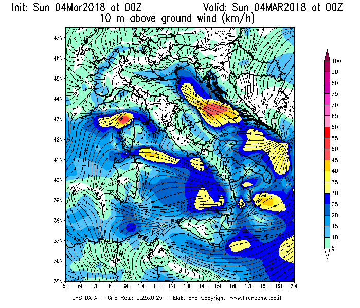 Mappa di analisi GFS - Velocità del vento a 10 metri dal suolo [km/h] in Italia
									del 04/03/2018 00 <!--googleoff: index-->UTC<!--googleon: index-->