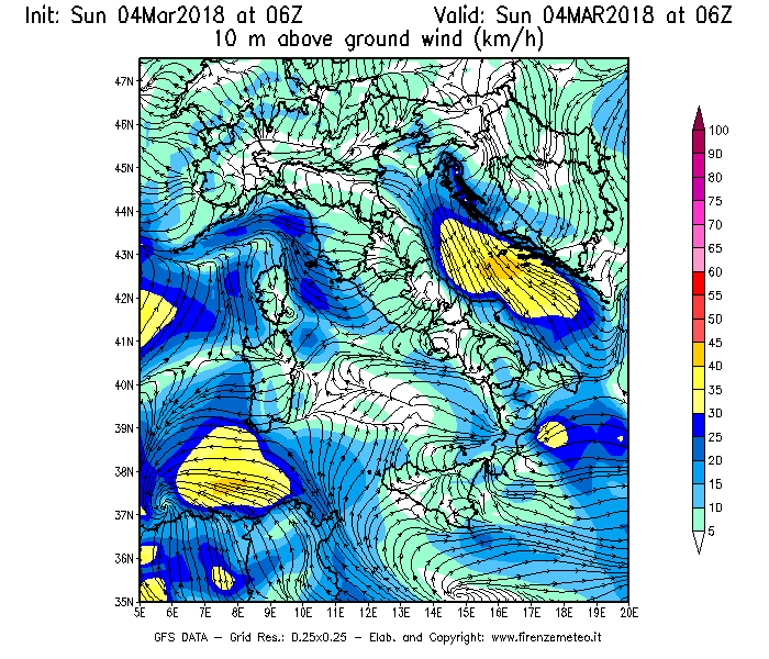 Mappa di analisi GFS - Velocità del vento a 10 metri dal suolo [km/h] in Italia
									del 04/03/2018 06 <!--googleoff: index-->UTC<!--googleon: index-->