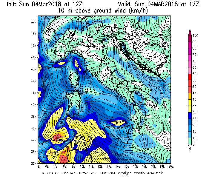 Mappa di analisi GFS - Velocità del vento a 10 metri dal suolo [km/h] in Italia
									del 04/03/2018 12 <!--googleoff: index-->UTC<!--googleon: index-->