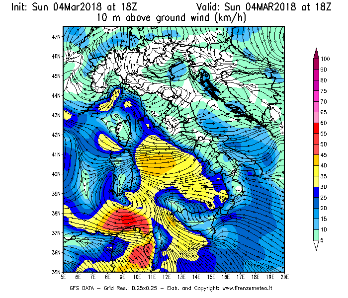 Mappa di analisi GFS - Velocità del vento a 10 metri dal suolo [km/h] in Italia
									del 04/03/2018 18 <!--googleoff: index-->UTC<!--googleon: index-->