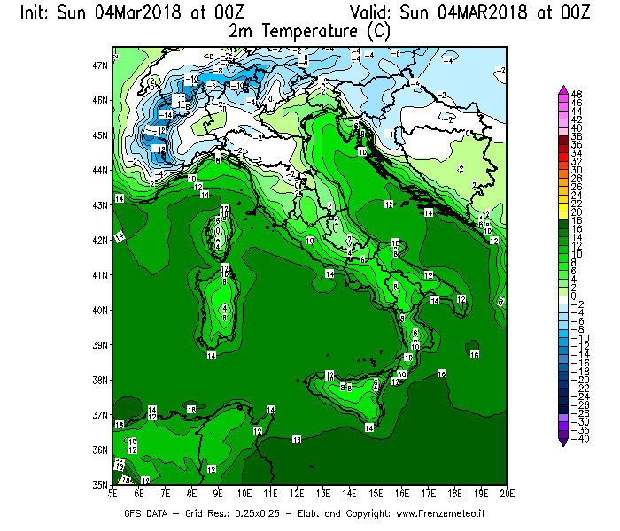 Mappa di analisi GFS - Temperatura a 2 metri dal suolo [°C] in Italia
									del 04/03/2018 00 <!--googleoff: index-->UTC<!--googleon: index-->