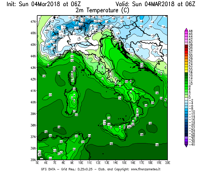 Mappa di analisi GFS - Temperatura a 2 metri dal suolo [°C] in Italia
									del 04/03/2018 06 <!--googleoff: index-->UTC<!--googleon: index-->