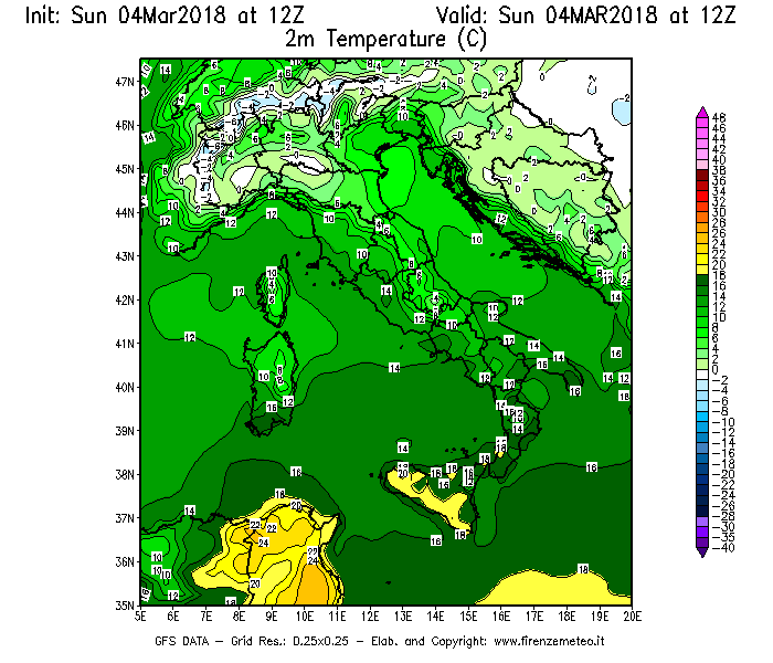 Mappa di analisi GFS - Temperatura a 2 metri dal suolo [°C] in Italia
									del 04/03/2018 12 <!--googleoff: index-->UTC<!--googleon: index-->
