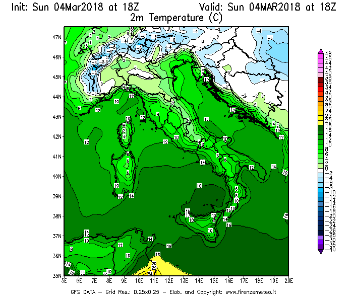 Mappa di analisi GFS - Temperatura a 2 metri dal suolo [°C] in Italia
									del 04/03/2018 18 <!--googleoff: index-->UTC<!--googleon: index-->