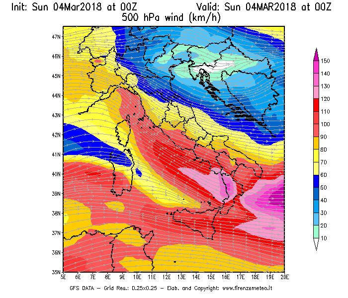 Mappa di analisi GFS - Velocità del vento a 500 hPa [km/h] in Italia
									del 04/03/2018 00 <!--googleoff: index-->UTC<!--googleon: index-->