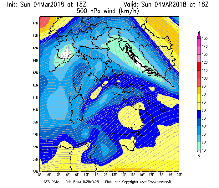 Mappa di analisi GFS - Velocità del vento a 500 hPa [km/h] in Italia
									del 04/03/2018 18 <!--googleoff: index-->UTC<!--googleon: index-->
