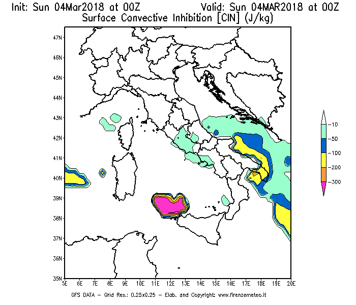 Mappa di analisi GFS - CIN [J/kg] in Italia
									del 04/03/2018 00 <!--googleoff: index-->UTC<!--googleon: index-->