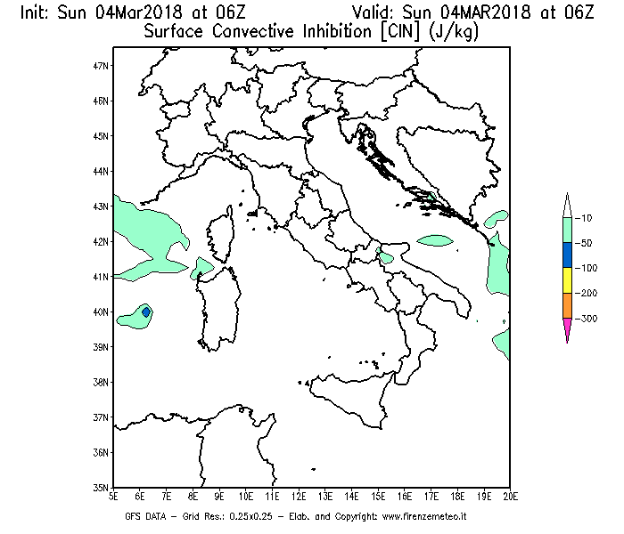 Mappa di analisi GFS - CIN [J/kg] in Italia
									del 04/03/2018 06 <!--googleoff: index-->UTC<!--googleon: index-->