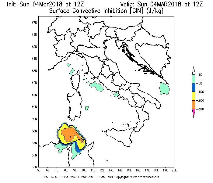 Mappa di analisi GFS - CIN [J/kg] in Italia
									del 04/03/2018 12 <!--googleoff: index-->UTC<!--googleon: index-->