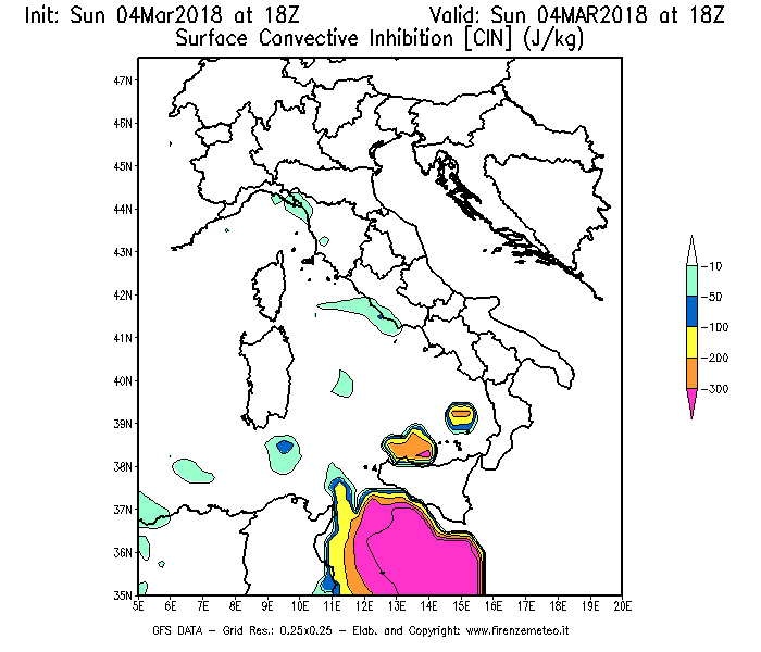 Mappa di analisi GFS - CIN [J/kg] in Italia
									del 04/03/2018 18 <!--googleoff: index-->UTC<!--googleon: index-->
