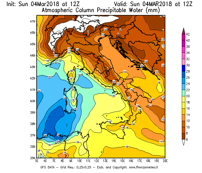 Mappa di analisi GFS - Precipitable Water [mm] in Italia
									del 04/03/2018 12 <!--googleoff: index-->UTC<!--googleon: index-->