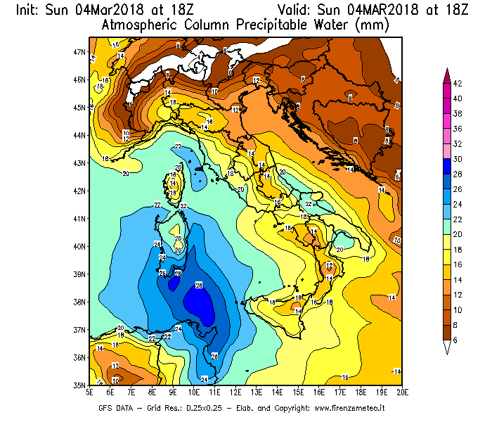 Mappa di analisi GFS - Precipitable Water [mm] in Italia
									del 04/03/2018 18 <!--googleoff: index-->UTC<!--googleon: index-->