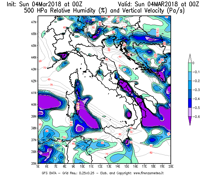 Mappa di analisi GFS - Umidità relativa [%] e Omega [Pa/s] a 500 hPa in Italia
									del 04/03/2018 00 <!--googleoff: index-->UTC<!--googleon: index-->