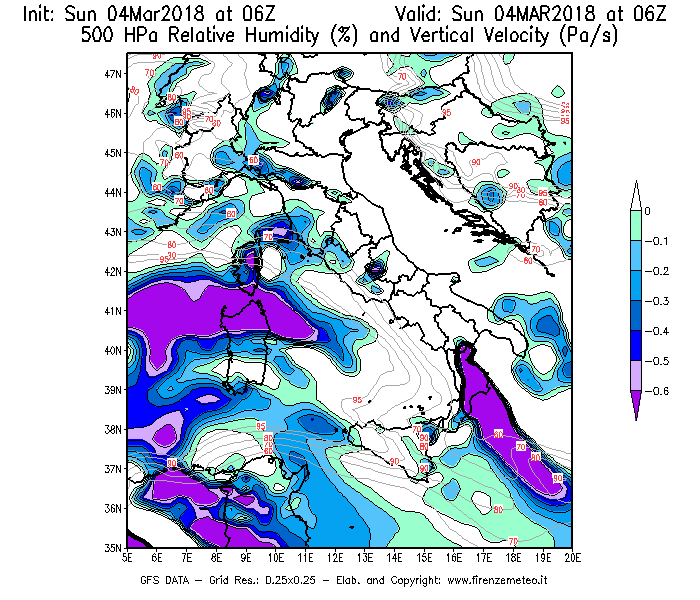 Mappa di analisi GFS - Umidità relativa [%] e Omega [Pa/s] a 500 hPa in Italia
									del 04/03/2018 06 <!--googleoff: index-->UTC<!--googleon: index-->