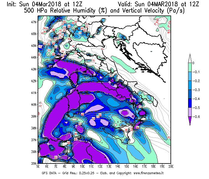 Mappa di analisi GFS - Umidità relativa [%] e Omega [Pa/s] a 500 hPa in Italia
									del 04/03/2018 12 <!--googleoff: index-->UTC<!--googleon: index-->