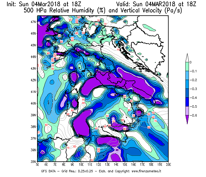 Mappa di analisi GFS - Umidità relativa [%] e Omega [Pa/s] a 500 hPa in Italia
									del 04/03/2018 18 <!--googleoff: index-->UTC<!--googleon: index-->