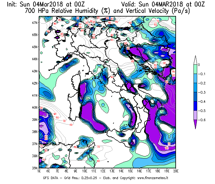 Mappa di analisi GFS - Umidità relativa [%] e Omega [Pa/s] a 700 hPa in Italia
									del 04/03/2018 00 <!--googleoff: index-->UTC<!--googleon: index-->