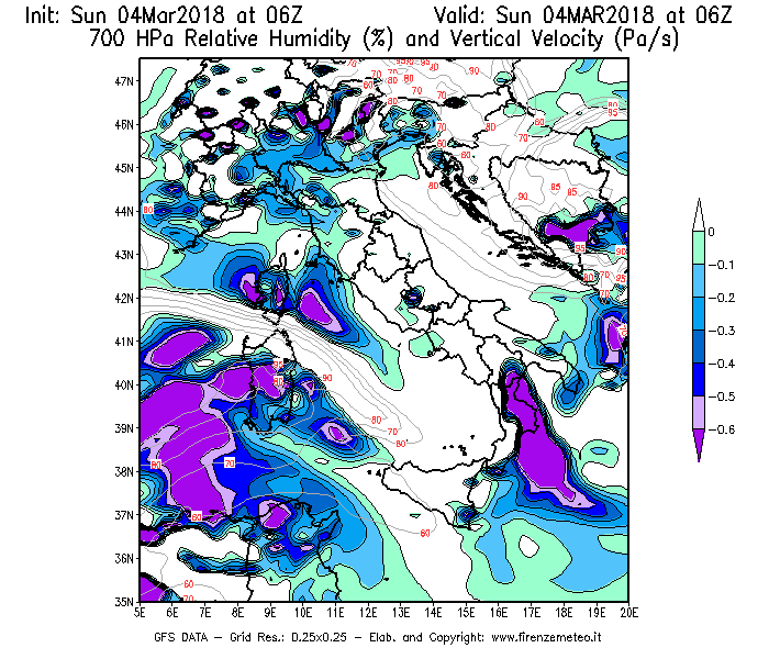 Mappa di analisi GFS - Umidità relativa [%] e Omega [Pa/s] a 700 hPa in Italia
									del 04/03/2018 06 <!--googleoff: index-->UTC<!--googleon: index-->