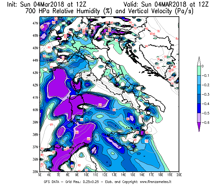 Mappa di analisi GFS - Umidità relativa [%] e Omega [Pa/s] a 700 hPa in Italia
									del 04/03/2018 12 <!--googleoff: index-->UTC<!--googleon: index-->