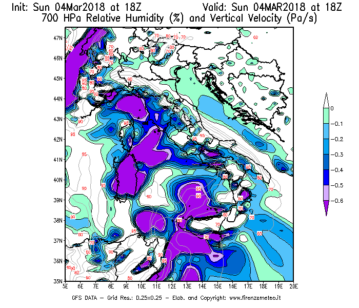 Mappa di analisi GFS - Umidità relativa [%] e Omega [Pa/s] a 700 hPa in Italia
									del 04/03/2018 18 <!--googleoff: index-->UTC<!--googleon: index-->