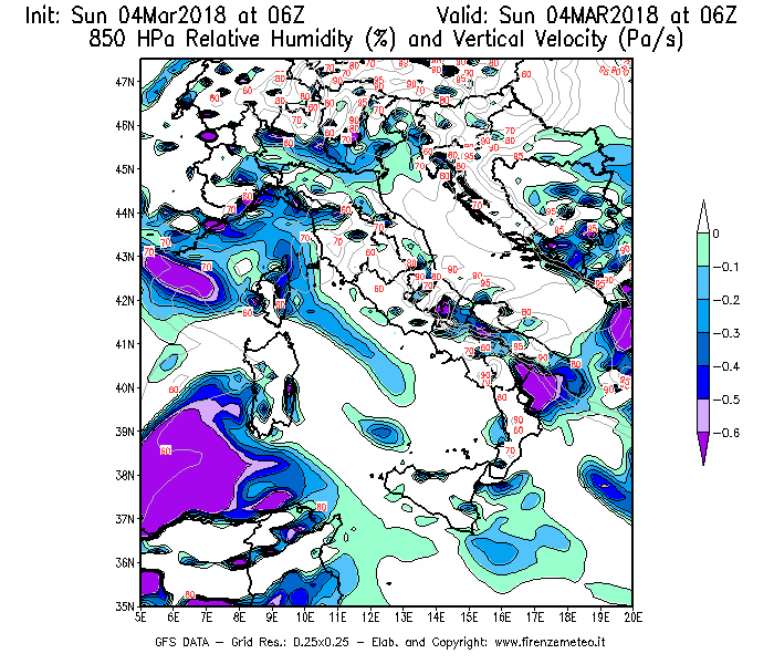 Mappa di analisi GFS - Umidità relativa [%] e Omega [Pa/s] a 850 hPa in Italia
									del 04/03/2018 06 <!--googleoff: index-->UTC<!--googleon: index-->