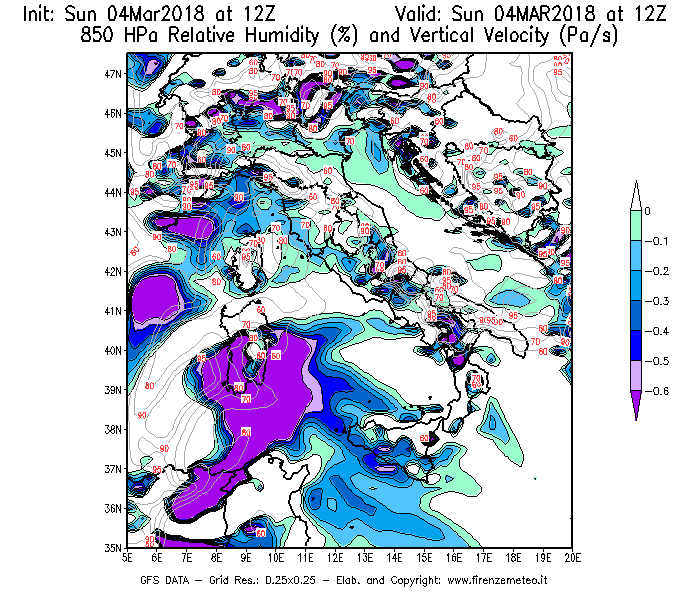 Mappa di analisi GFS - Umidità relativa [%] e Omega [Pa/s] a 850 hPa in Italia
									del 04/03/2018 12 <!--googleoff: index-->UTC<!--googleon: index-->