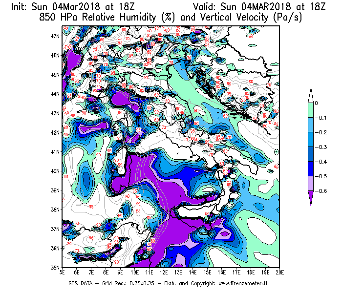 Mappa di analisi GFS - Umidità relativa [%] e Omega [Pa/s] a 850 hPa in Italia
									del 04/03/2018 18 <!--googleoff: index-->UTC<!--googleon: index-->