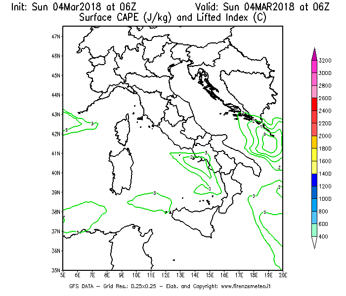 Mappa di analisi GFS - CAPE [J/kg] e Lifted Index [°C] in Italia
									del 04/03/2018 06 <!--googleoff: index-->UTC<!--googleon: index-->