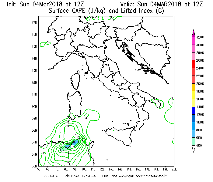 Mappa di analisi GFS - CAPE [J/kg] e Lifted Index [°C] in Italia
									del 04/03/2018 12 <!--googleoff: index-->UTC<!--googleon: index-->