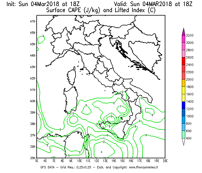 Mappa di analisi GFS - CAPE [J/kg] e Lifted Index [°C] in Italia
									del 04/03/2018 18 <!--googleoff: index-->UTC<!--googleon: index-->