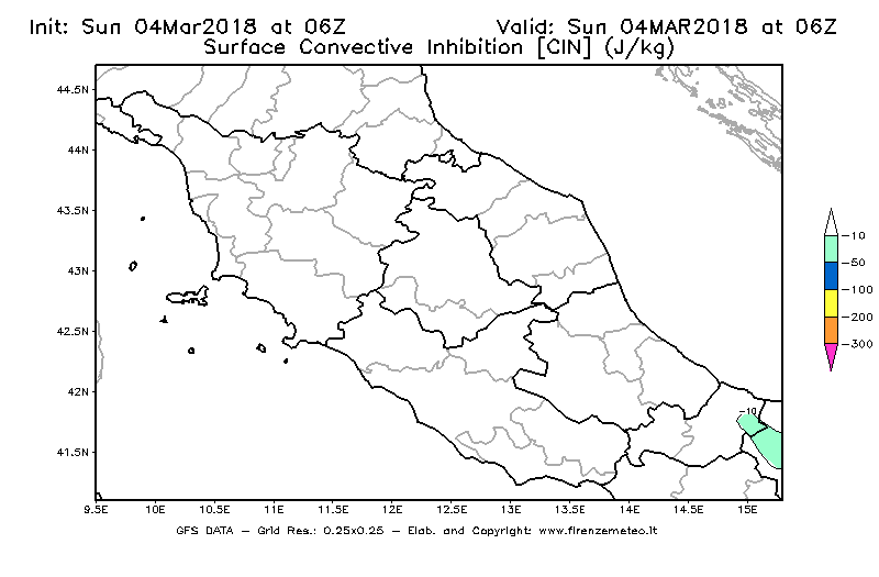 Mappa di analisi GFS - CIN [J/kg] in Centro-Italia
									del 04/03/2018 06 <!--googleoff: index-->UTC<!--googleon: index-->