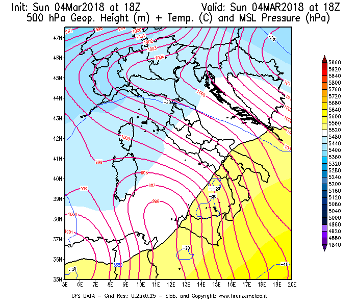 Mappa di analisi GFS - Geopotenziale [m] + Temp. [°C] a 500 hPa + Press. a livello del mare [hPa] in Italia
									del 04/03/2018 18 <!--googleoff: index-->UTC<!--googleon: index-->