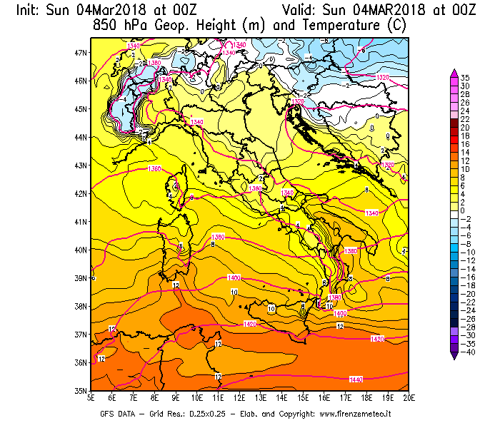 Mappa di analisi GFS - Geopotenziale [m] e Temperatura [°C] a 850 hPa in Italia
									del 04/03/2018 00 <!--googleoff: index-->UTC<!--googleon: index-->