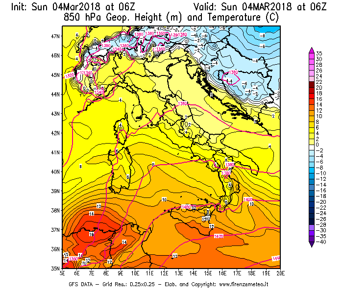 Mappa di analisi GFS - Geopotenziale [m] e Temperatura [°C] a 850 hPa in Italia
									del 04/03/2018 06 <!--googleoff: index-->UTC<!--googleon: index-->