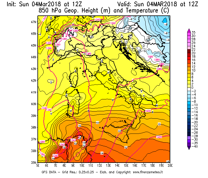 Mappa di analisi GFS - Geopotenziale [m] e Temperatura [°C] a 850 hPa in Italia
									del 04/03/2018 12 <!--googleoff: index-->UTC<!--googleon: index-->