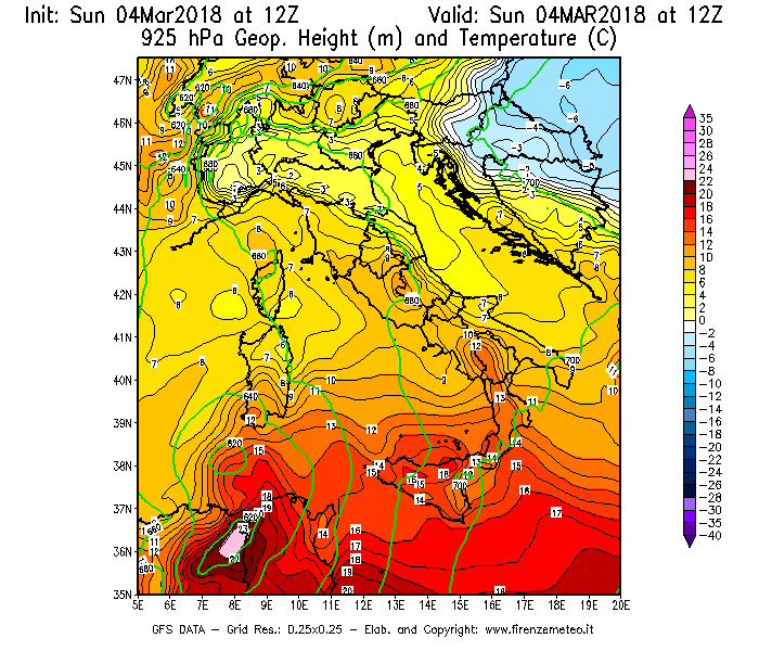 Mappa di analisi GFS - Geopotenziale [m] e Temperatura [°C] a 925 hPa in Italia
									del 04/03/2018 12 <!--googleoff: index-->UTC<!--googleon: index-->