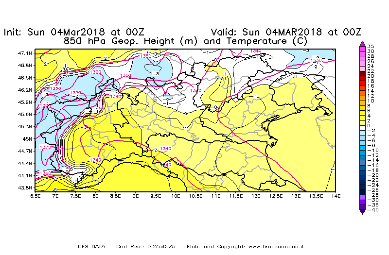 Mappa di analisi GFS - Geopotenziale [m] e Temperatura [°C] a 850 hPa in Nord-Italia
									del 04/03/2018 00 <!--googleoff: index-->UTC<!--googleon: index-->