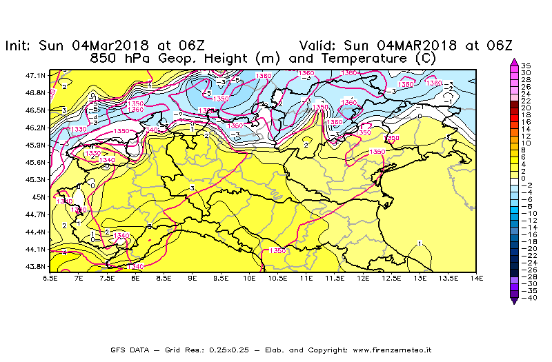 Mappa di analisi GFS - Geopotenziale [m] e Temperatura [°C] a 850 hPa in Nord-Italia
									del 04/03/2018 06 <!--googleoff: index-->UTC<!--googleon: index-->
