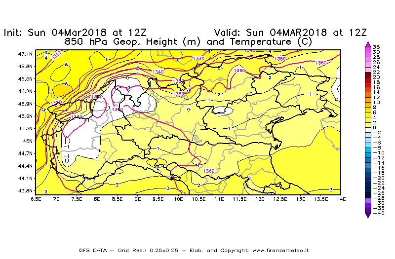 Mappa di analisi GFS - Geopotenziale [m] e Temperatura [°C] a 850 hPa in Nord-Italia
									del 04/03/2018 12 <!--googleoff: index-->UTC<!--googleon: index-->