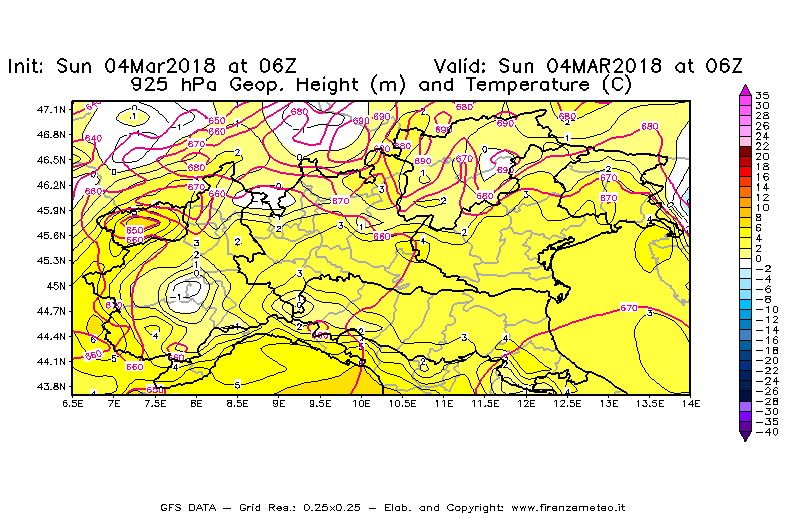 Mappa di analisi GFS - Geopotenziale [m] e Temperatura [°C] a 925 hPa in Nord-Italia
									del 04/03/2018 06 <!--googleoff: index-->UTC<!--googleon: index-->